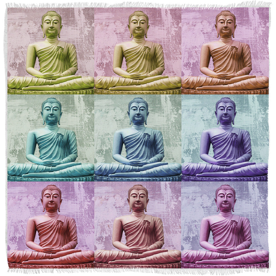 Shar, Buddha - colors by Suzi Roher: a pop art silk scarf featuring nine Buddha statues in pastel pink, green, blue, and purple squares. Digitally printed in Warhol-inspired style for a unique, modern accessory.