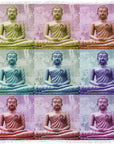 Shar, Buddha - colors by Suzi Roher: a pop art silk scarf featuring nine Buddha statues in pastel pink, green, blue, and purple squares. Digitally printed in Warhol-inspired style for a unique, modern accessory.