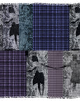 The Wanna Hold Your Hand scarf by SUZI ROHER is a square modal silk accessory with alternating floral and brocade plaid panels in black, grey, and blue, two black dancing silhouettes, frayed edges, and made in Italy.