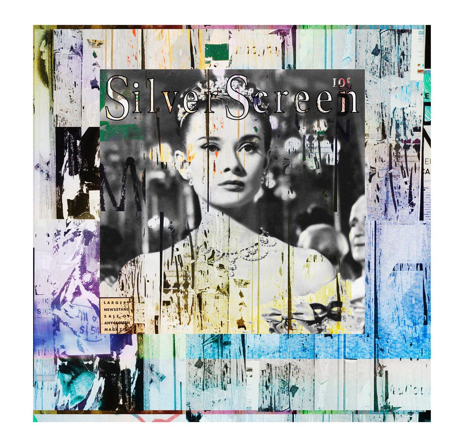“Silver Screen” by SUZI ROHER showcases a vintage magazine cover with Audrey Hepburn set against a vibrant, textured collage—perfect for giclee prints.