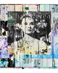 The "Silver Screen" mixed-media artwork by SUZI ROHER features a vintage black-and-white magazine cover overlaid on a vibrant collage of painted wood and torn posters.