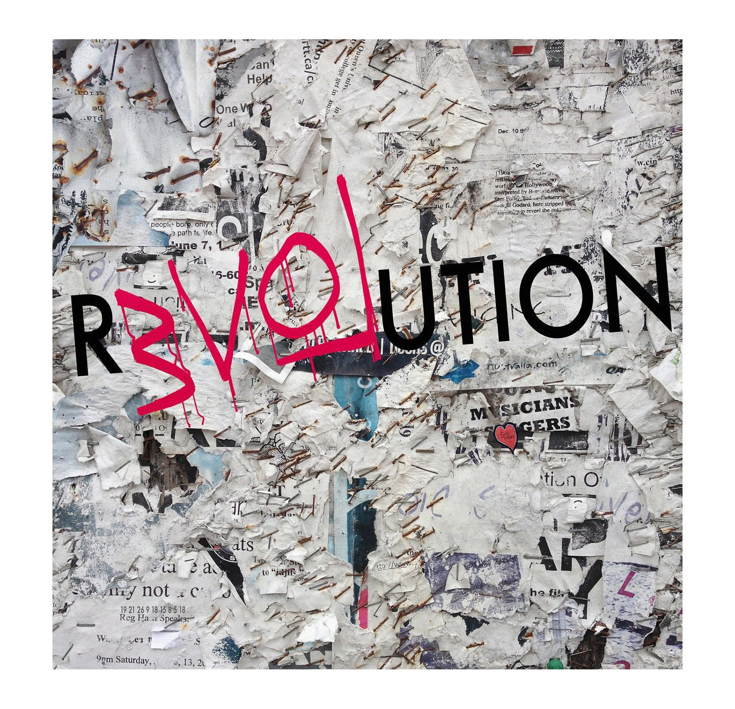 Love Revolution by SUZI ROHER features torn, layered posters with "REVOLUTION" written across; "EVOL" is in pink, styled as "LOVE" backward—an eye-catching tribute to the love revolution, ideal for archival or giclee prints.