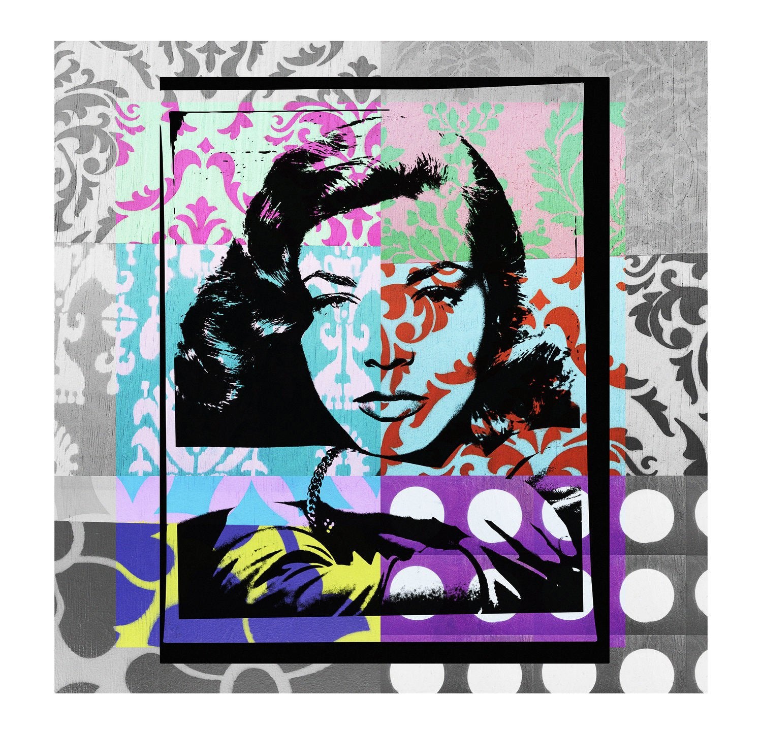 Lauren" by SUZI ROHER is a vibrant pop art collage of a woman's face with wavy hair, set against colorful damask and polka dot patterns. Featuring bold lines and striking colors, it's available as a high-quality giclee print.