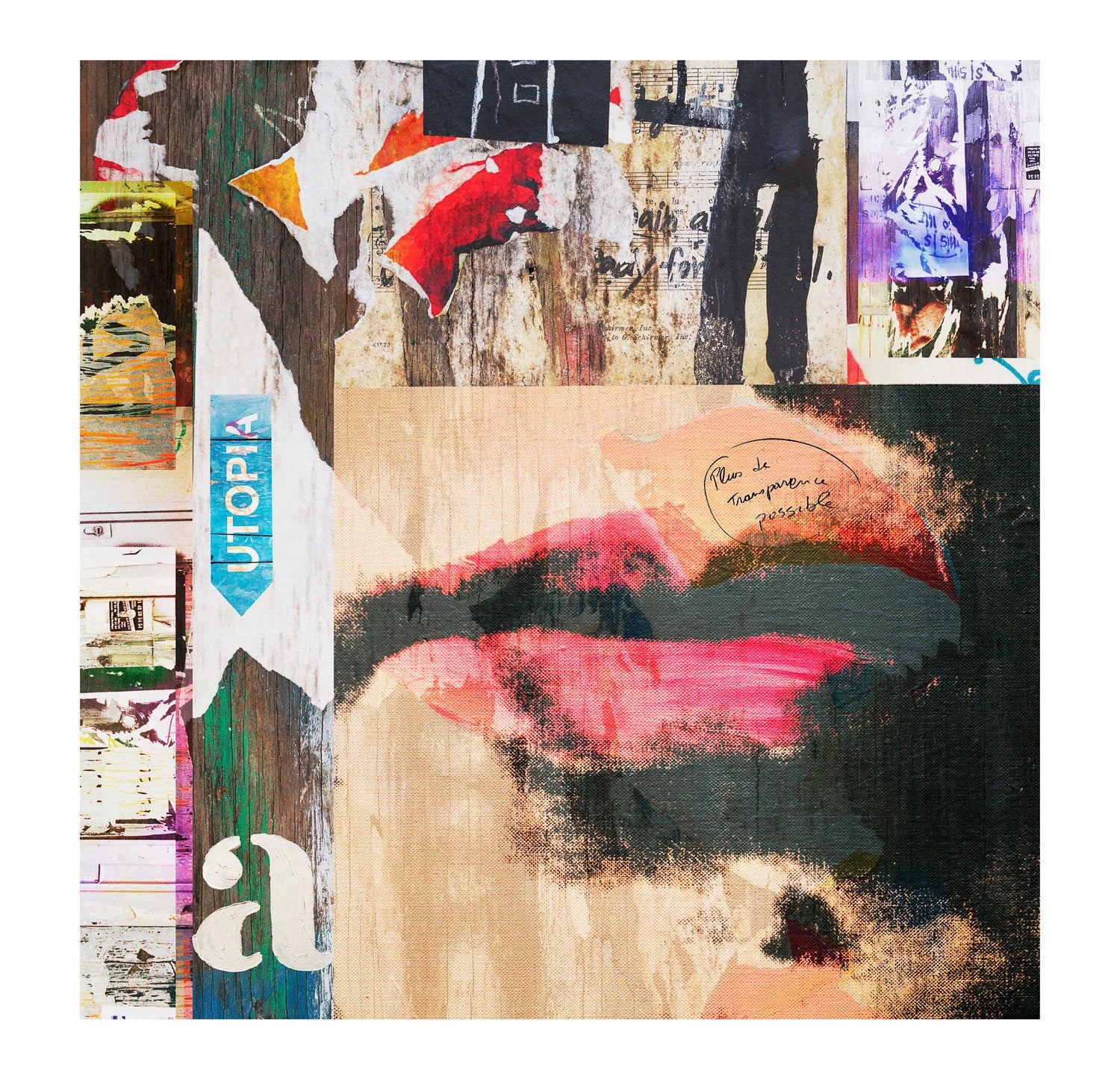Utopia by SUZI ROHER is a vibrant collage with painted lips, torn posters, graffiti textures, and “UTOPIA” on a blue strip. Layers of paint, fine paper, and handwritten notes form an urban archival abstract composition.