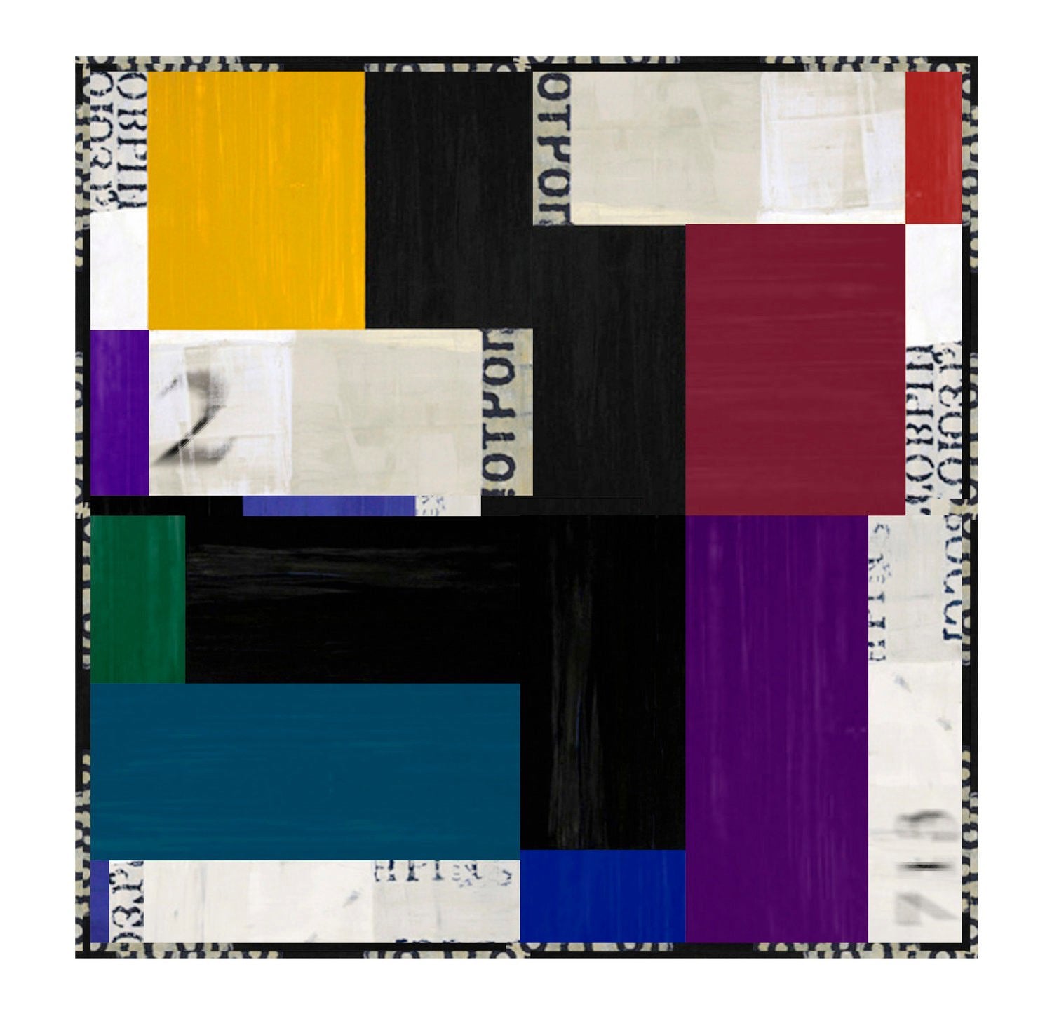 Opus #2 by SUZI ROHER: A geometric collage artwork with colorful rectangles—yellow, red, green, blue, purple, black—overlapping on white with black text fragments, inspired by Russian avant-garde. Available as archival print.