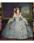 A classical painting of a woman in an elaborate gown with Greta Garbo’s vintage black-and-white face collaged on, framed by a colorful comic-style border. SUZI ROHER’s “Greta Garbo” is perfect for fine art prints.