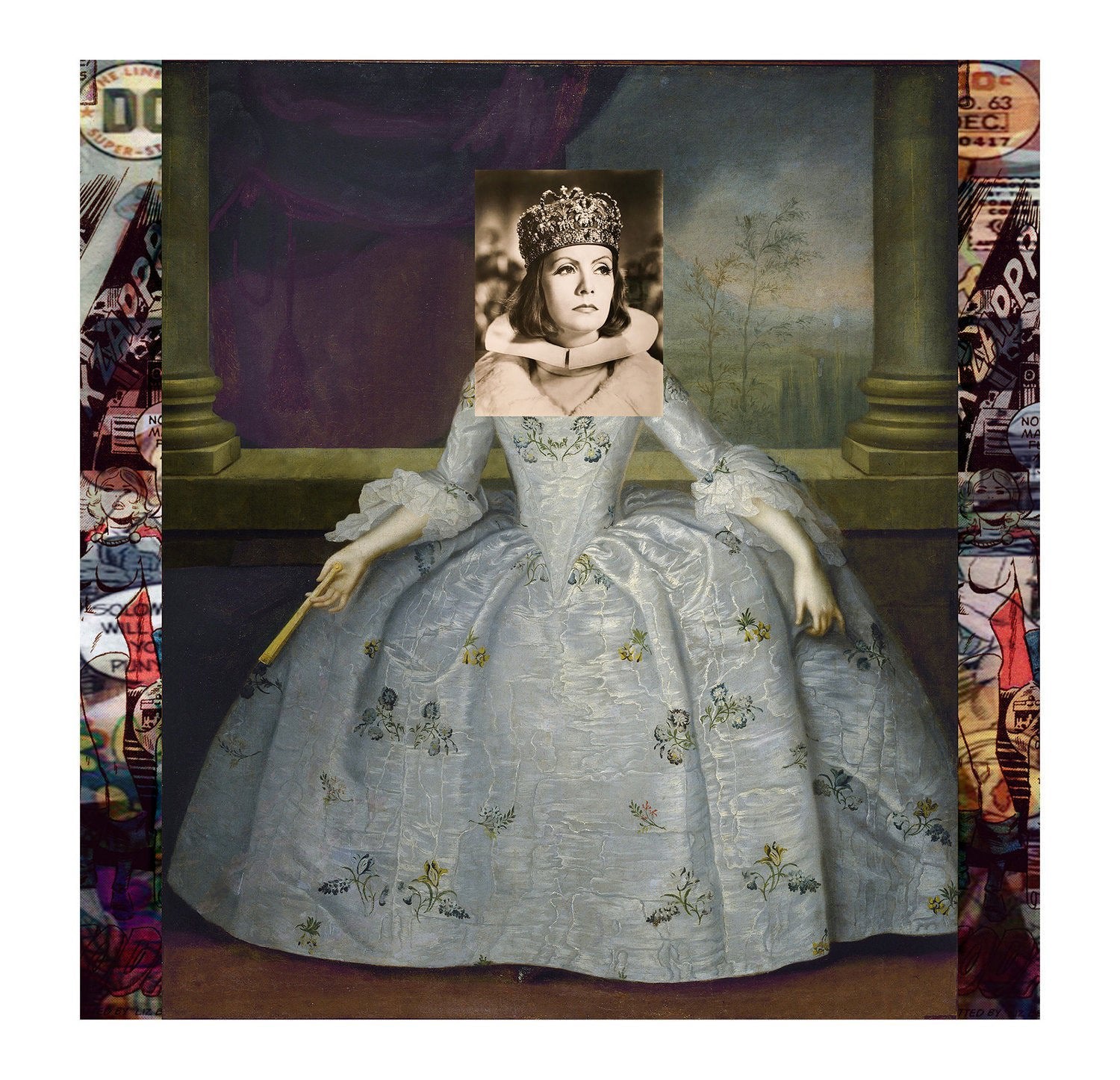 A digital collage titled "Greta Garbo" by SUZI ROHER features a classical woman in an ornate gown with Greta Garbo’s black-and-white face and a vibrant comic-style border—ideal for collectors of archival giclee prints.