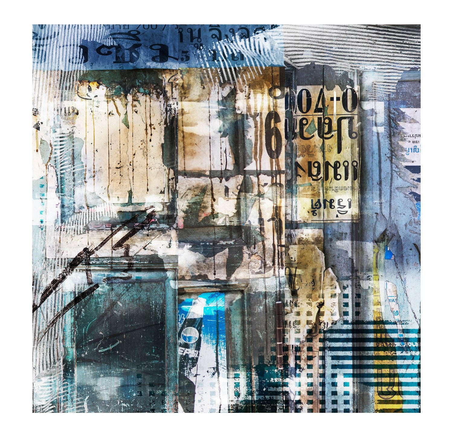 Tai Wall by SUZI ROHER features a collage of urban textures—faded posters, graffiti, numbers, and Thai script in blue, beige, and black—available as archival giclee prints on fine paper for striking art displays.