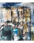 Tai Wall by SUZI ROHER is an abstract collage with layered Thai script, numbers, and vertical shapes in blue, beige, and black tones—urban textured with graffiti-like effects. Available as archival giclee prints on fine paper.
