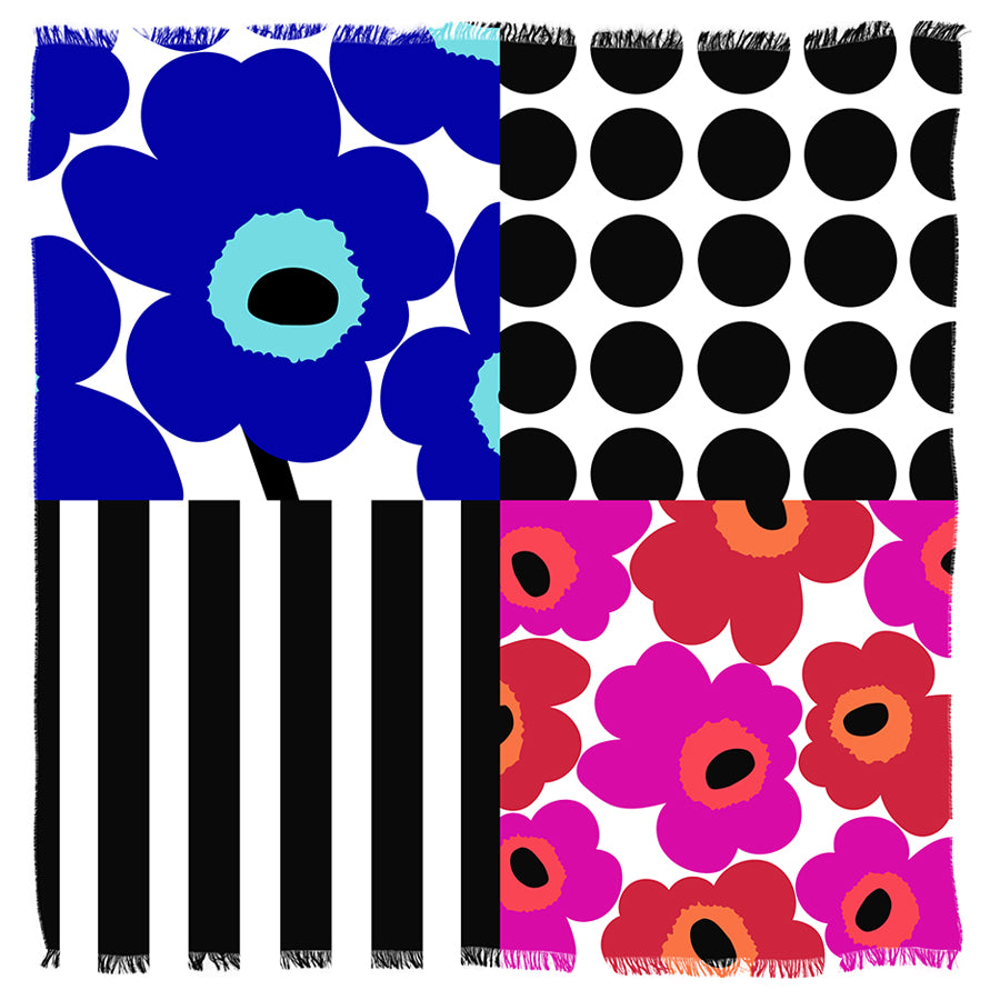 Suzi Roher’s “Snap, Crackle, Pop” is a square textile featuring four bold quadrants: blue flowers, black dots, black and white stripes, and red-pink flowers—graphic patterns inspired by classic Kellogg’s breakfast cereal art.