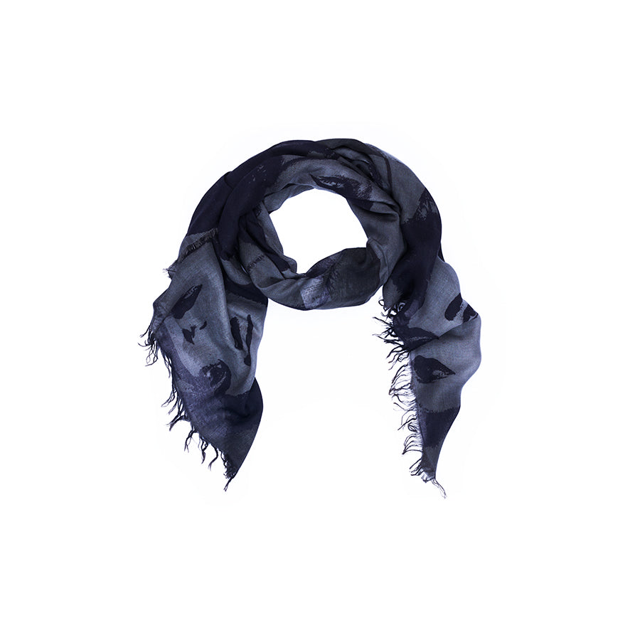 Introducing “Lily, Elizabeth B&W” by SUZI ROHER: a dark blue scarf featuring frayed edges and a digitally printed pattern of black birds, arranged in a loose circular design on a crisp white background.