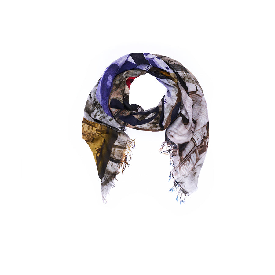A multicolored patterned scarf, Lily, Number 6 by SUZI ROHER, with frayed edges and digitally printed original artwork, arranged in a loose circular shape against a white background.