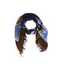 Introducing the Lily, James Bond scarf by SUZI ROHER—a lightweight accessory with frayed edges, digitally printed with original multicolored abstract artwork in shades of brown, blue, and gray. Shown against a white background.