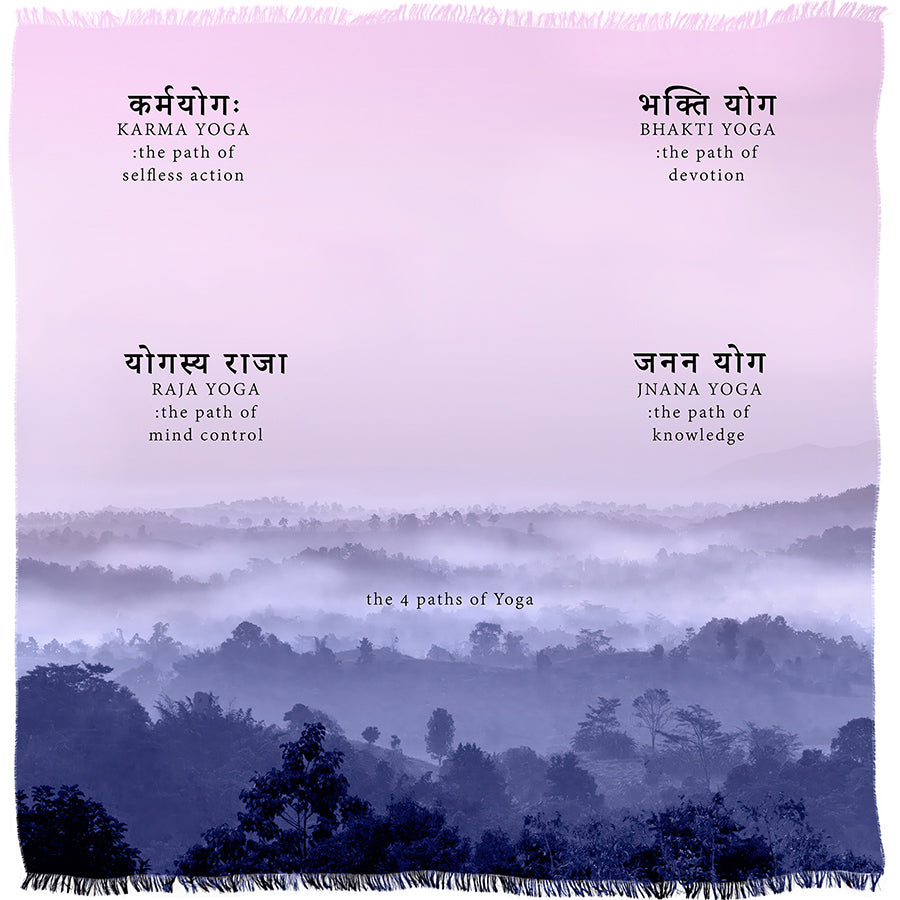 A soft purple-hued image from SUZI ROHER’s 4 Paths of Yoga elegantly details Karma, Bhakti, Raja, and Jnana in each corner—a symbolic design perfect for an inspiring yoga scarf or sophisticated women’s accessory.