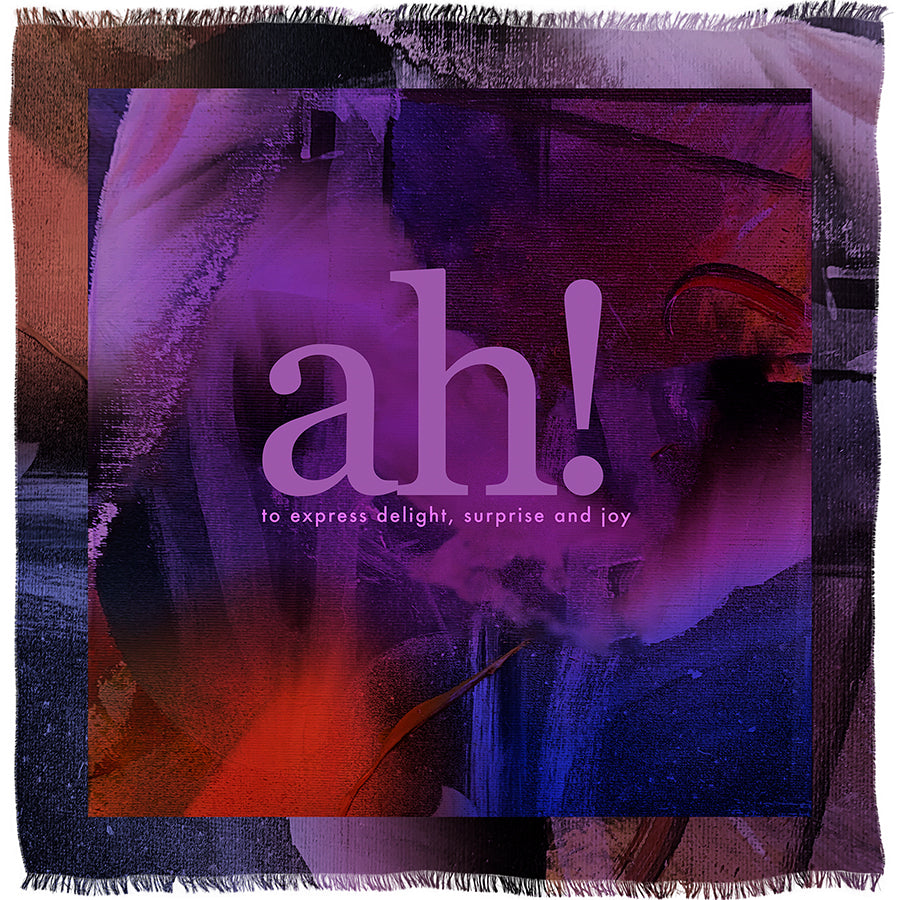 Abstract art by SUZI ROHER featuring vibrant red, purple, and blue hues, with the product name “AH!” displayed in large letters at the center, followed by the phrase “to express delight, surprise and joy” in smaller text.