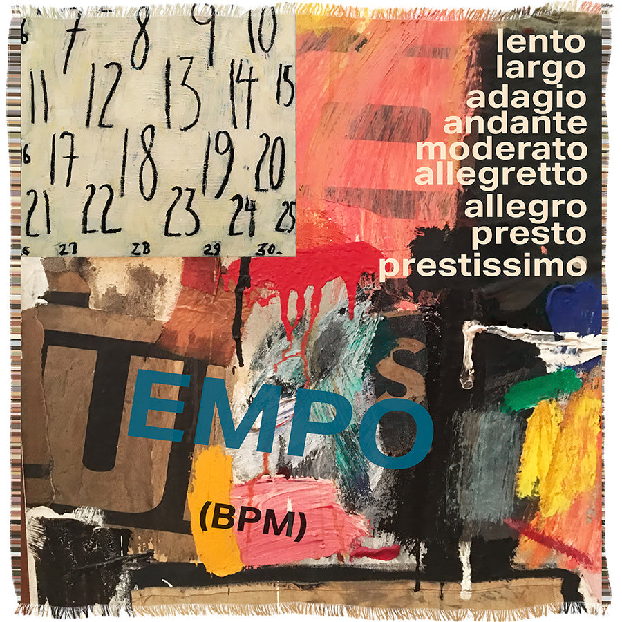 Colourful abstract art piece with musical tempo indications and 'TEMPO (BPM)' text. How Temp and yor heart move together. A square scarf 145cm