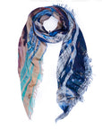 Multicoloured scarf with artwork of a day at the beach, in sky blues to sea green, with the sandy colour in between.