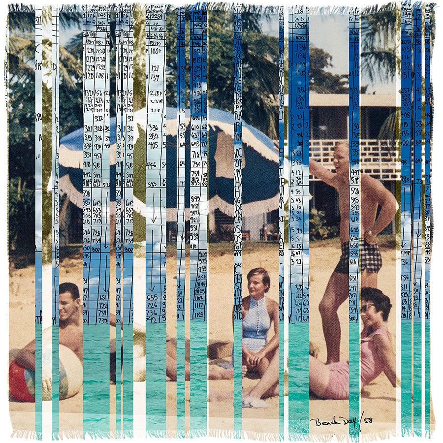 Collage of people at a beach with a striped pattern overlay, a scar showinga 1958 perfect beach day with friends. 