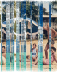 Collage of people at a beach with a striped pattern overlay, a scar showinga 1958 perfect beach day with friends. 