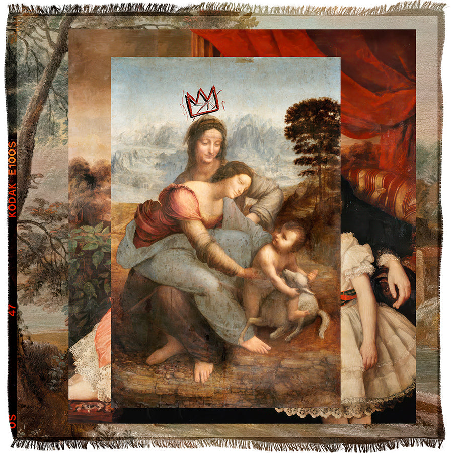 Introducing “Da Vinci” by SUZI ROHER—a layered collage scarf featuring classical paintings, highlighted by a central mother and child artwork adorned with a drawn red crown, framed by tapestry-like fringes and film strip accents.