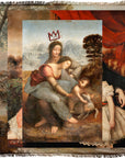 Introducing “Da Vinci” by SUZI ROHER—a layered collage scarf featuring classical paintings, highlighted by a central mother and child artwork adorned with a drawn red crown, framed by tapestry-like fringes and film strip accents.