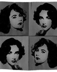 Lily, Elizabeth B&W by SUZI ROHER features a black and white grid of eight identical portraits of a woman with short, wavy hair and earrings, styled in a pop art fashion reminiscent of Elizabeth Taylor. This original artwork is digitally printed to ensure bold contrast and crisp detail.