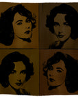 A SUZI ROHER “Lily, Elizabeth Brown” blanket showcasing a grid of nine stylized, high-contrast Elizabeth Taylor portraits in black and gold tones, digitally printed for a bold pop art effect.