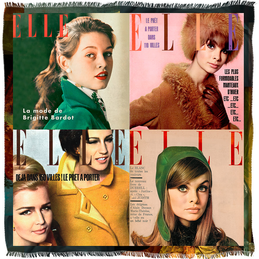 Four vintage Elle magazine covers from SUZI ROHER, featuring stylish women in 1960s fashion with hats and coats, French text, and colorful backgrounds in green, pink, orange, and red.