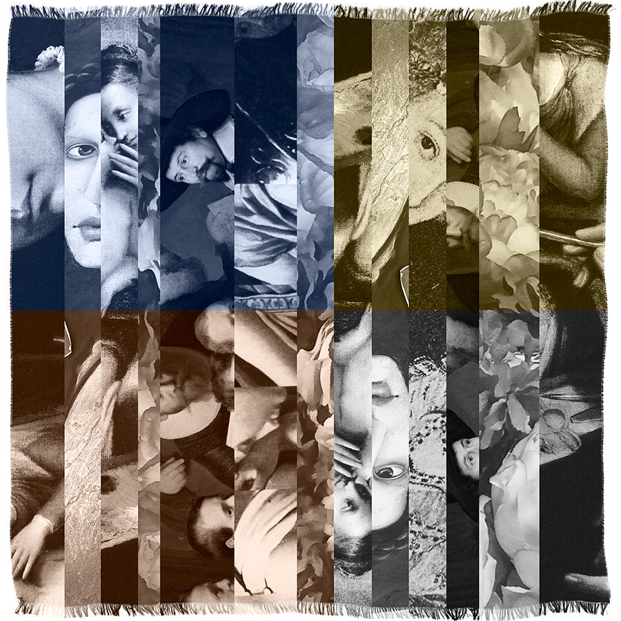 Euphoria by SUZI ROHER is a woven textile featuring vertical strips of classical paintings in black-and-white and sepia tones, combined with close-up floral imagery to create a striking patchwork effect.