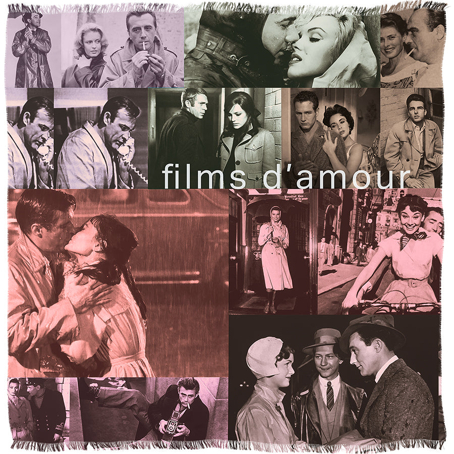 Black-and-white collage of romantic movie scenes with couples in various poses and settings, featuring the words “Films D’Amour” by SUZI ROHER overlaid in the center.