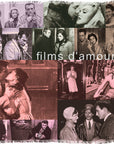 Black-and-white collage of romantic movie scenes with couples in various poses and settings, featuring the words “Films D’Amour” by SUZI ROHER overlaid in the center.
