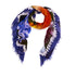 The SUZI ROHER "Flower Stamps" is a collectible scarf with fringed edges, showcasing a wavy abstract pattern in blue, orange, red, yellow, black, and white on a loose circular shape against a white background.
