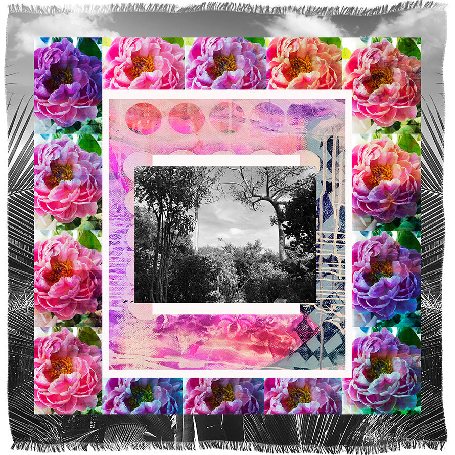 Garden Party by SUZI ROHER features a black and white photo of trees and bushes, bordered with pink roses and abstract pink and purple patterns, all set on fringed fabric—evoking the look of an oversized Italian silk scarf.