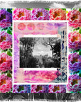 Garden Party by SUZI ROHER features a black and white photo of trees and bushes, bordered with pink roses and abstract pink and purple patterns, all set on fringed fabric—evoking the look of an oversized Italian silk scarf.