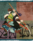 An artwork titled “Honor” by SUZI ROHER features a warrior in traditional Japanese attire wielding a pole weapon, surrounded by decorative patterns and Japanese text in the style of Ukiyo-e art.