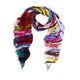 The SUZI ROHER Just a Sec scarf features frayed edges and a vibrant, multicolored abstract design, recalling old Hollywood glamour with its swirling stripes—a timeless style inspired by icons like Audrey Hepburn and Marilyn Monroe.