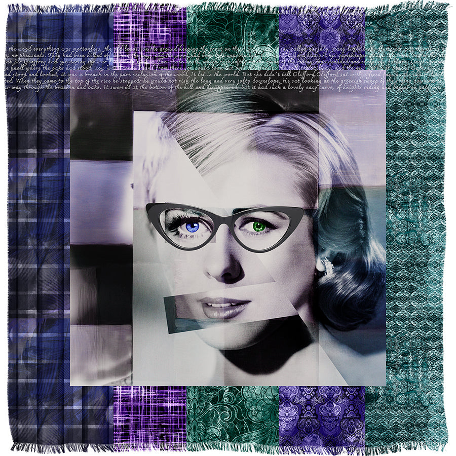 A collage titled “Lady Chatterley” by SUZI ROHER features a woman’s face with glasses, split and rearranged over a vibrant textile background adorned with purple, green, and blue patterns, topped with handwritten white text.