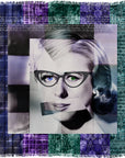 A collage titled “Lady Chatterley” by SUZI ROHER features a woman’s face with glasses, split and rearranged over a vibrant textile background adorned with purple, green, and blue patterns, topped with handwritten white text.