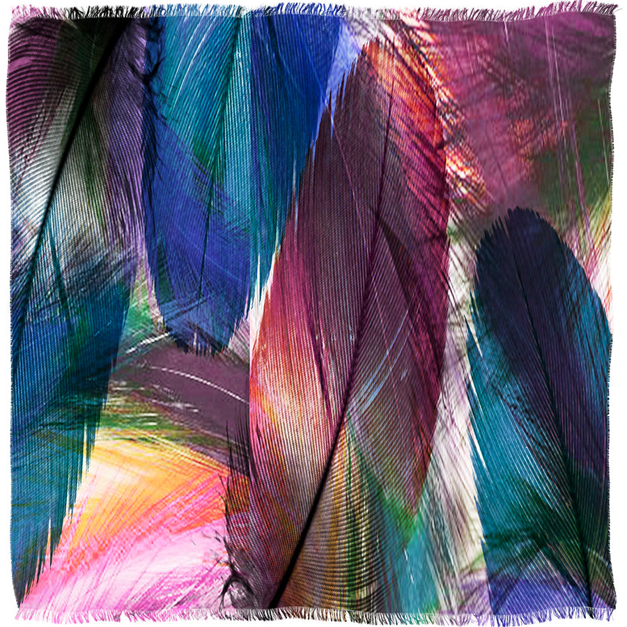 Colorful abstract feather pattern on a square 145cm scarf