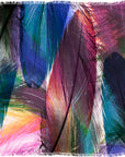 Colorful abstract feather pattern on a square 145cm scarf