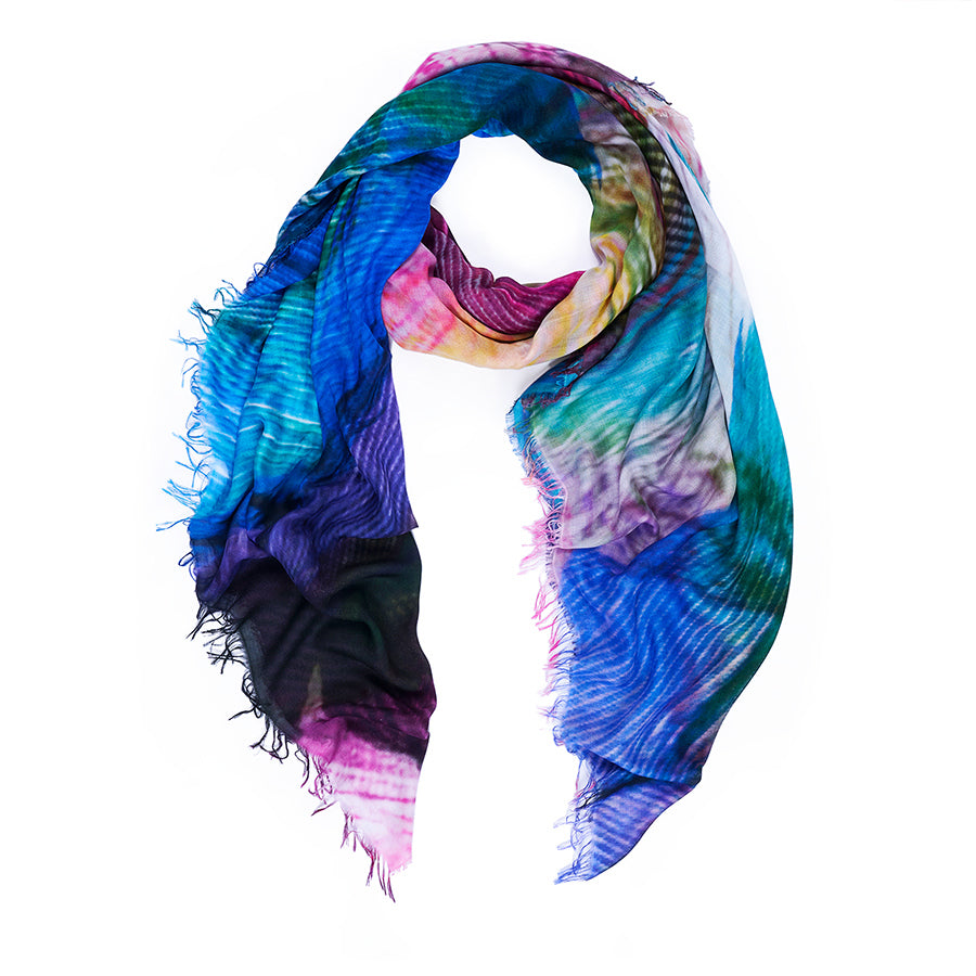 Multicolored scarf with a tie-dye feather pattern by SUZI ROHER, 145 square. 