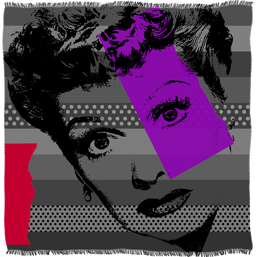 Experience Lucy by SUZI ROHER: a pop-art style image depicting a woman’s face in striking black and white, accented with bold purple and red geometric shapes. The background features horizontal gray stripes and playful polka dots, while the subject showcases dramatic makeup and a vintage-inspired hairstyle.