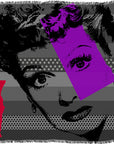 Experience Lucy by SUZI ROHER: a pop-art style image depicting a woman’s face in striking black and white, accented with bold purple and red geometric shapes. The background features horizontal gray stripes and playful polka dots, while the subject showcases dramatic makeup and a vintage-inspired hairstyle.