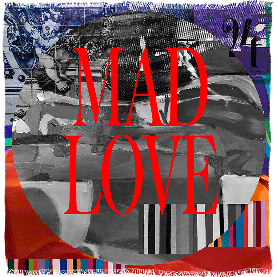 A vibrant, abstract collage by SUZI ROHER showcases the product “Made Love” with a prominent gray circle at its center, featuring bold red text that reads “MADE LOVE.” The number 24 appears in the top right corner, while stripes and various mixed patterns animate the background.
