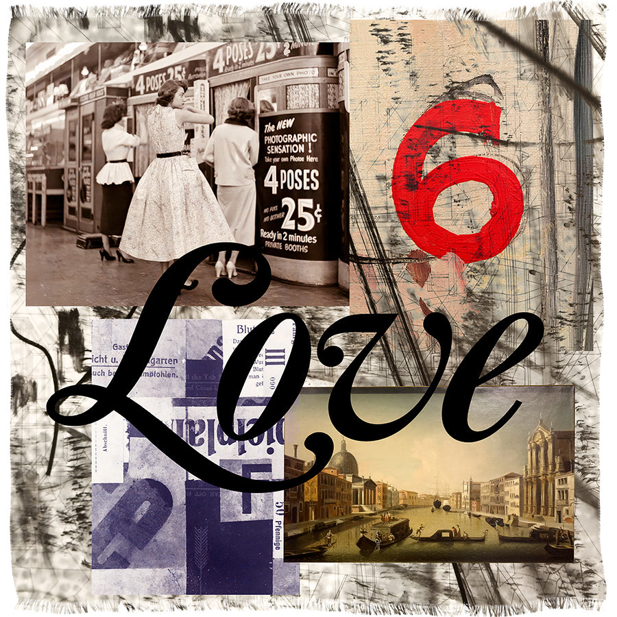 A collage artwork by SUZI ROHER titled “Number 6,” featuring vintage photos, the number 6 in bold red, abstract textures, and the word “Love” in large black script across the center.