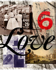 A collage artwork by SUZI ROHER titled “Number 6,” featuring vintage photos, the number 6 in bold red, abstract textures, and the word “Love” in large black script across the center.