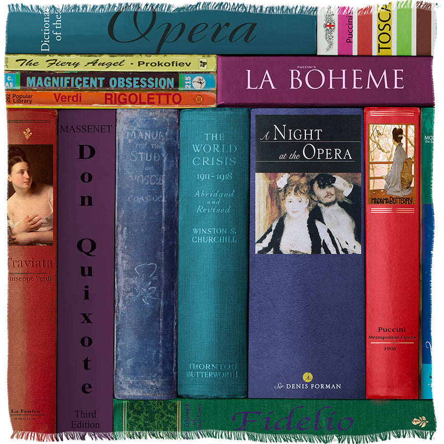 A row of SUZI ROHER Opera books and sheet music, distinguished by colorful spines and classical art, showcases opera-themed titles such as Don Quixote, La Bohème, and La Traviata, all arranged upright amidst decorative accents.