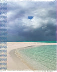 Beach scene with turquoise water and white sand, overlaid with text 'paradise on earth', the is a square scarf 145cm.