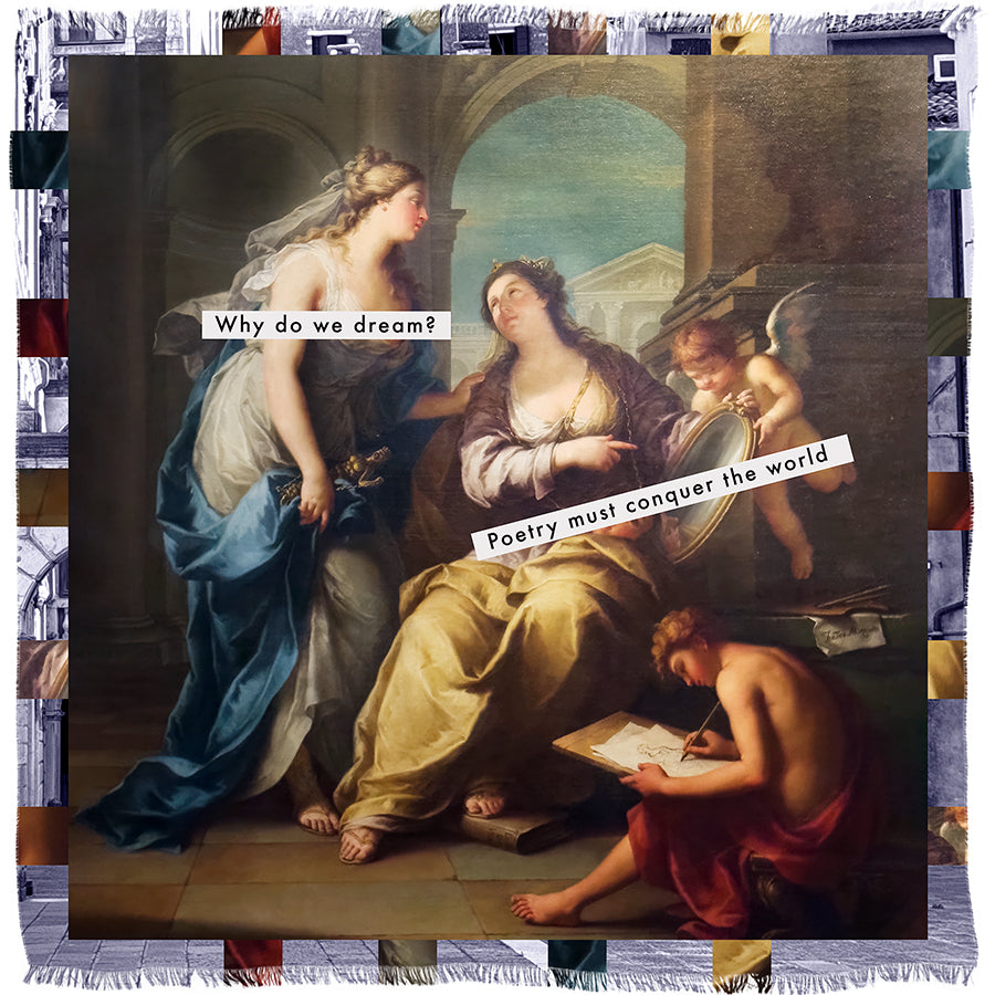 A classical painting depicting three women and a cherub is featured on the SUZI ROHER Poetry scarf; overlaid text reads, “Why do we dream?” and “Poetry must conquer the world,” all bordered by a vibrant, decorative woven frame.