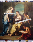 A classical painting depicting three women and a cherub is featured on the SUZI ROHER Poetry scarf; overlaid text reads, “Why do we dream?” and “Poetry must conquer the world,” all bordered by a vibrant, decorative woven frame.